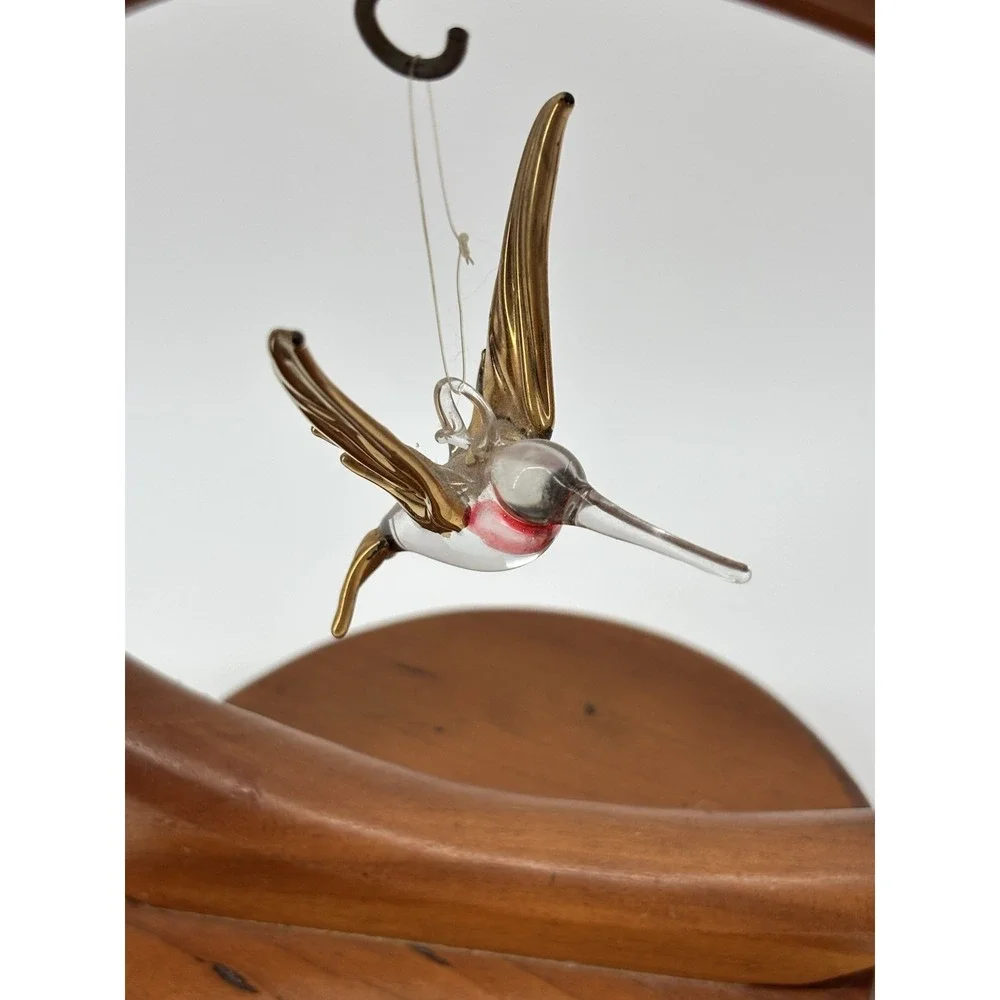 Vtg Wood Crescent Stand With Glass Hummingbird Moon Ornament Display‎ Holder 7